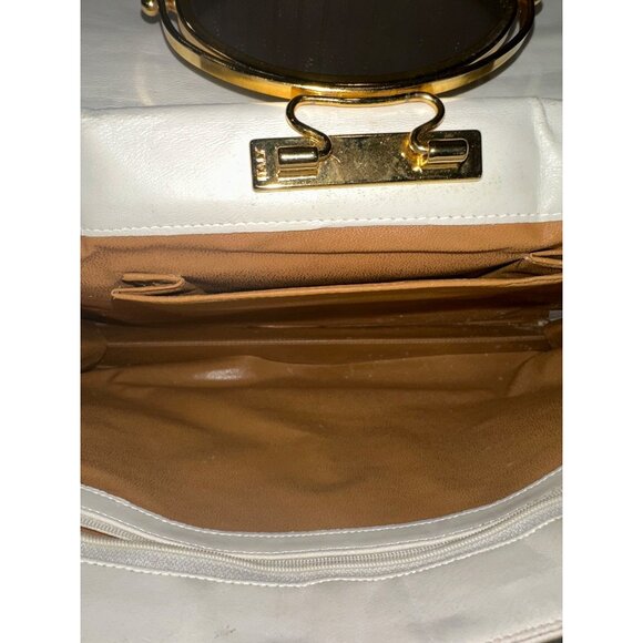 Vintage White Leather Clutch With Built-In Mirror and Wrist Strap - Picture 4 of 8